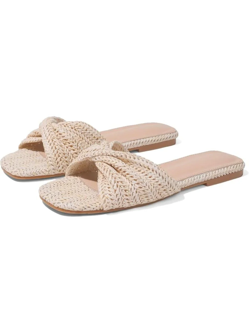 Women's Beige Summer Raffia Open Toe Woven Braided Twist Comfort Flat Sandals